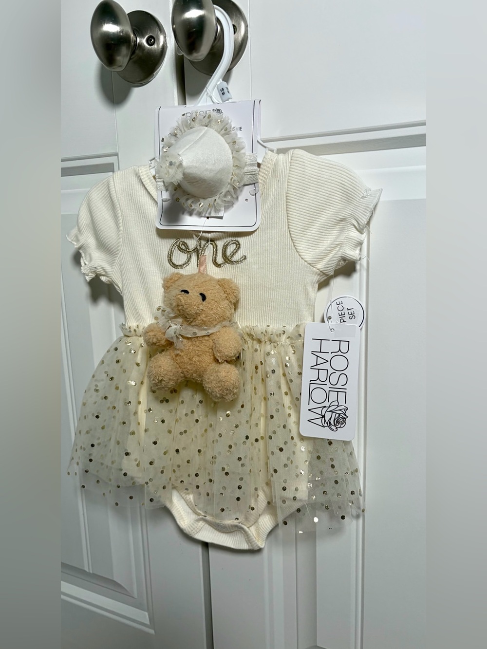 Cream 'One' Tulle Baby Dress with Teddy - Picture 2 of 7